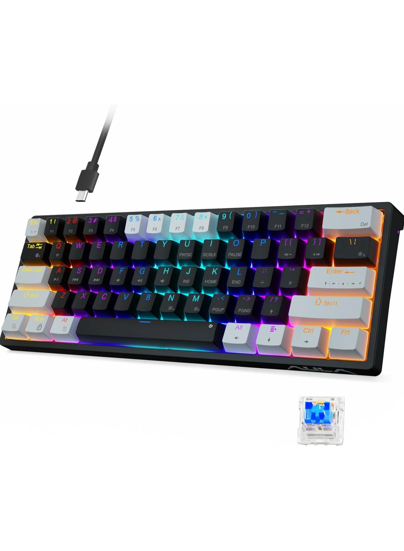 AULA F3261 60% Compact Mechanical Gaming Keyboard with Blue Switches and RGB Backlit (Wired, 61 Keys) ya68g