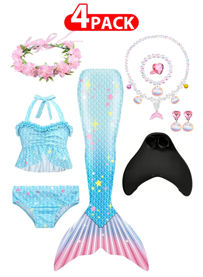 MARGOUN Mermaid Swimsuit Set for Girls with Mono Fin Sparkle Tail Flower Headband and Jewelry (4 Piece Set) o709d
