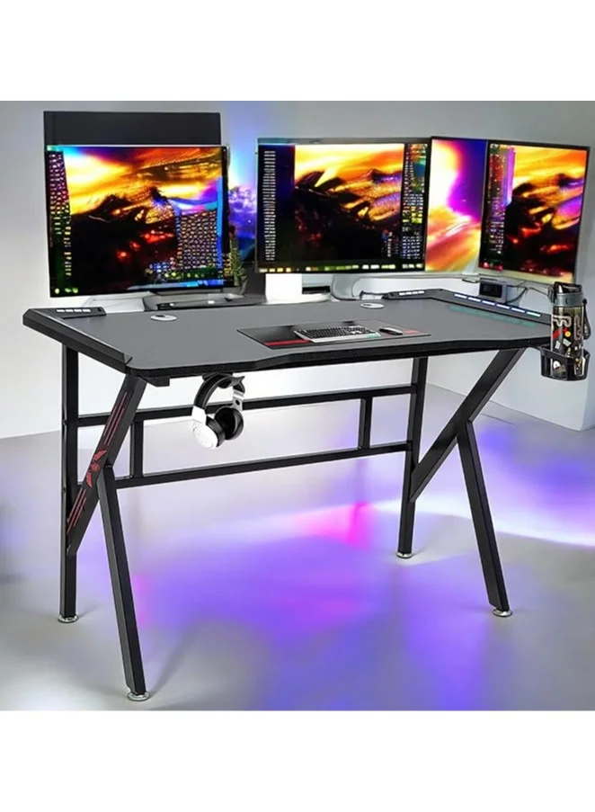 Multi Home Furniture Gaming Desk with LED Lights, Ergonomic Workstation with Cup Holder & Headphone Hook (Black, 120x60x75 cm) rwblb