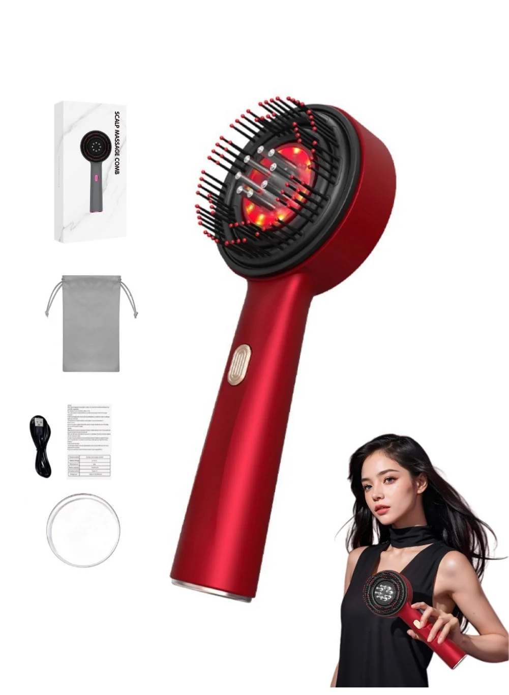 Jingpin Smart Scalp Massager Brush with Red Light Therapy and Serum Applicator (Red, 1 Unit) kfd01