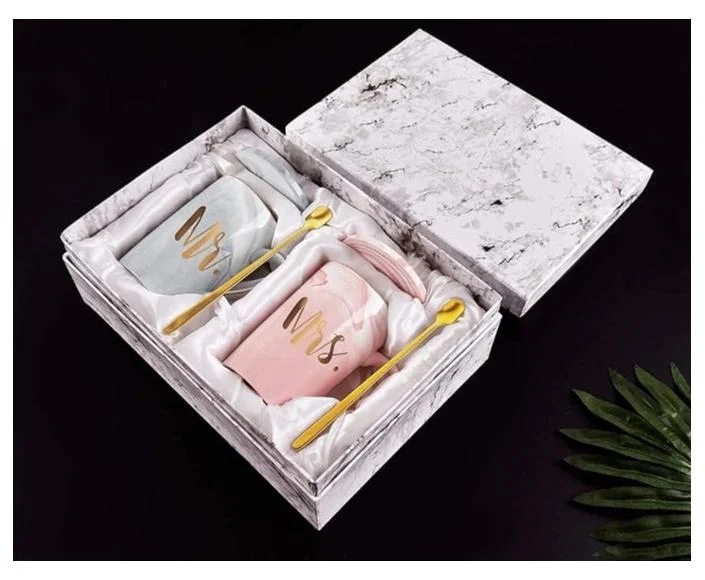 DANEEN Mr and Mrs Ceramic Coffee Mug Set with Lid and Spoon (Marble, 415 mL) pw2o4