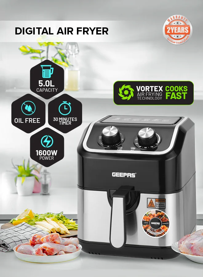 Geepas Air Fryer Premium Oil-Free Cooking Appliance with Adjustable Timer and Temperature Control (Black, 5 L) epfdp