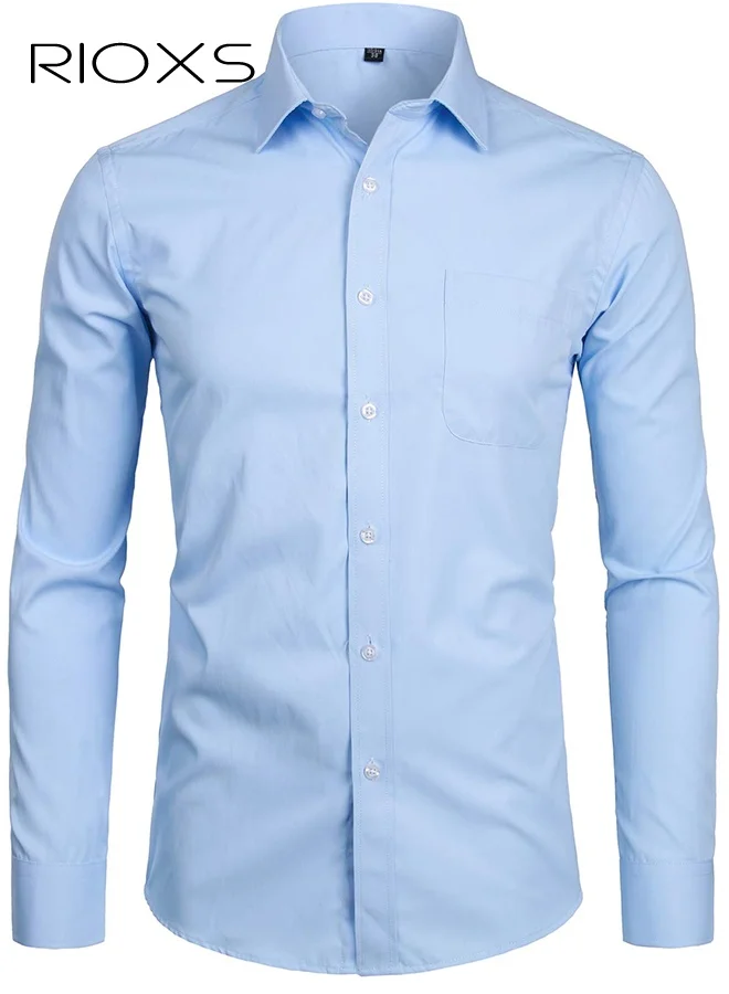 RIOXS Men's Stand Collar Dress Shirt Long Sleeve Slim Fit Formal Business Shirt (Blue, Large) wehhq