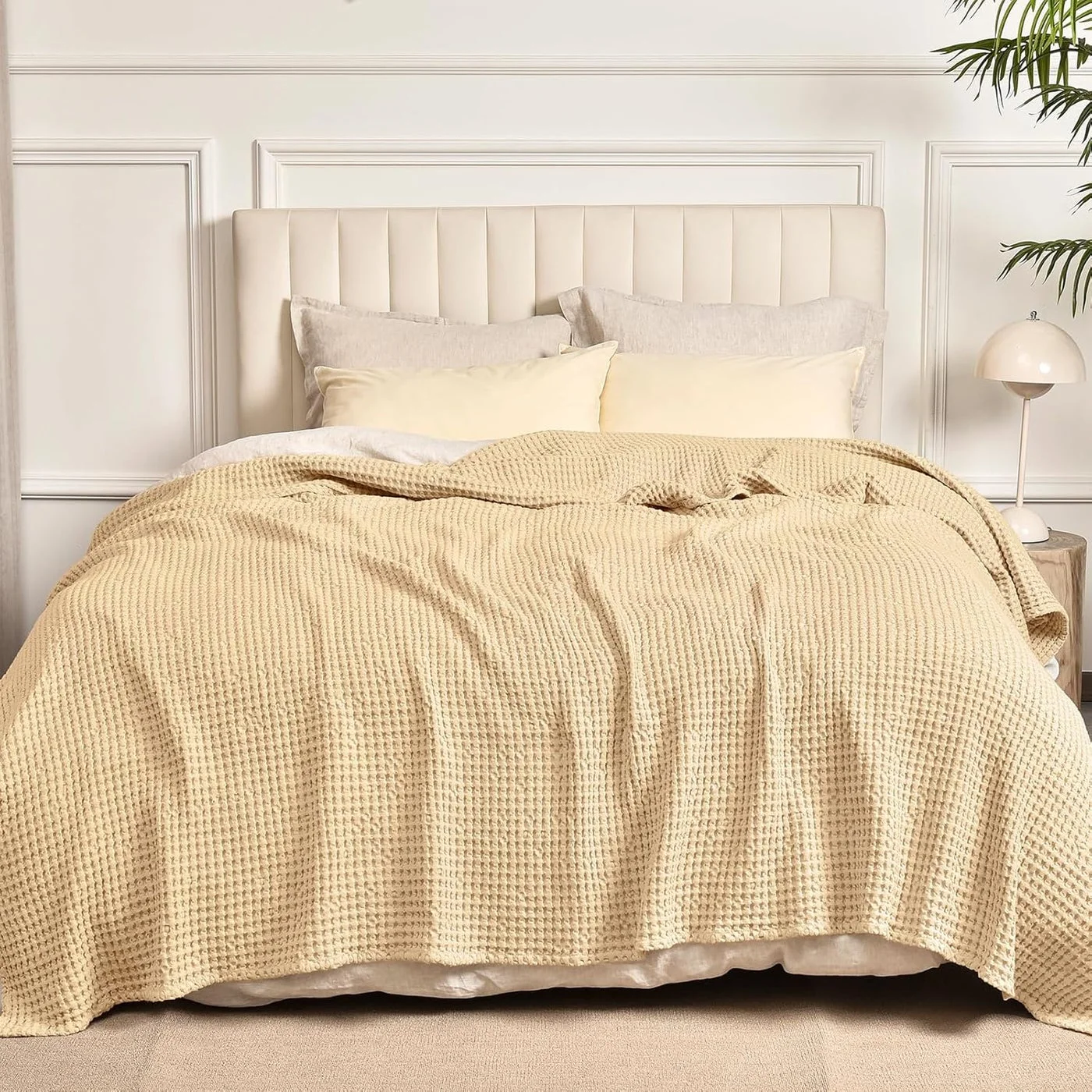 PHF Waffle Weave Blanket Washed Cotton Premium Bedspread for All Season (Beige, 230cm x 230cm) pe0h3