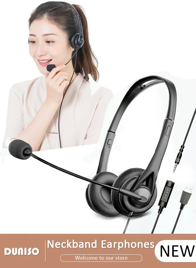 DUNISO Wired Computer Headset with Microphone Noise Cancelling Over-Ear Headphones for Laptop PC Office Classroom (Black, Adjustable) tpn9n