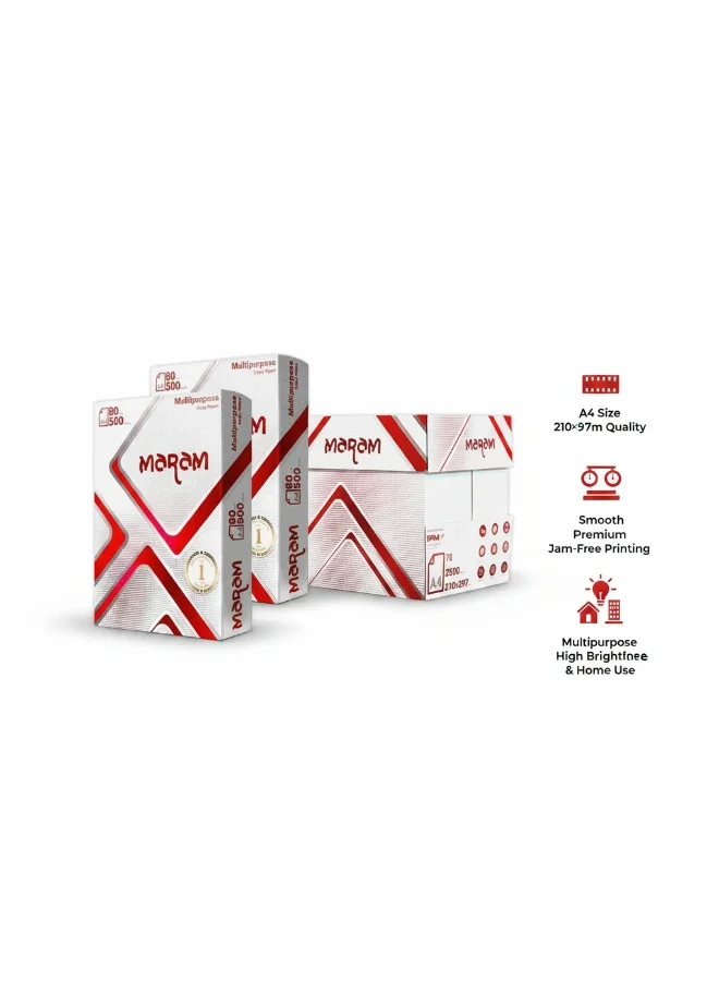 Maram Premium A4 Copy Paper 80 GSM High-Brightness White Office Printing Sheets (1 Carton, 2500 Sheets) qnw1k