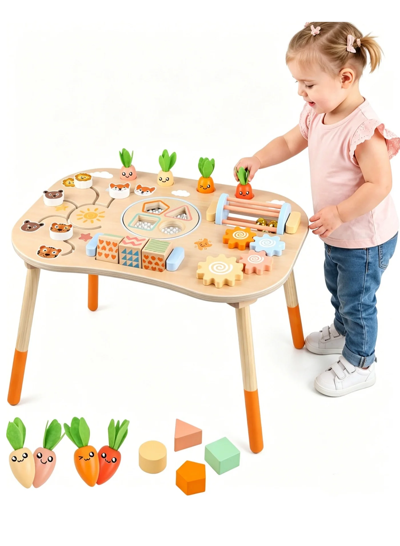 XICEN Wooden Activity Table 6-in-1 Montessori Sensory Play Center with Shape Sorter and Storage Net (For Toddlers) unamz