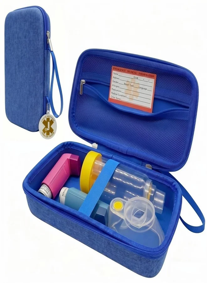 Premium Travel Carrying Case for Asthma Inhaler and Spacer, Protective Holder with Carabiner and Medical ID Card Slot (Blue, 18 cm x 8 cm x 6 cm) 48mdx