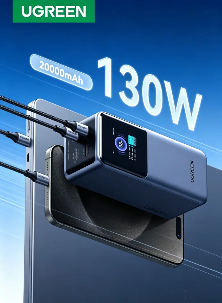 Ugreen 130W Portable Power Bank 20000mAh Fast Charging Station with Digital Display (2 USB-C, 1 USB-A, Black) gtyjr