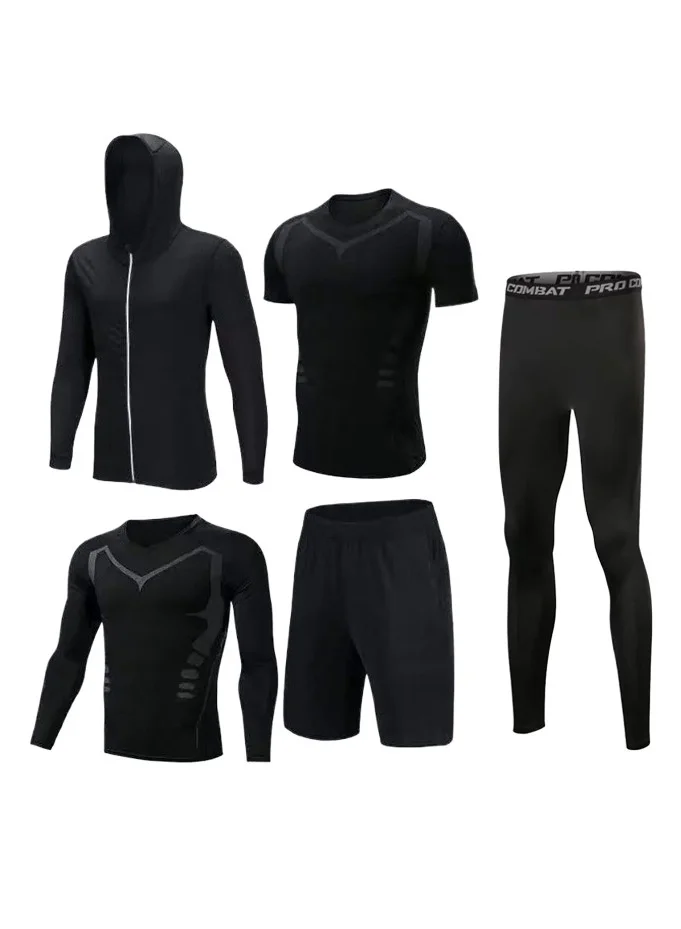 Joychic Men's 5-Piece Quick-Dry Compression Set (Breathable Athletic Wear for Gym & Running, Black, L) yek0s