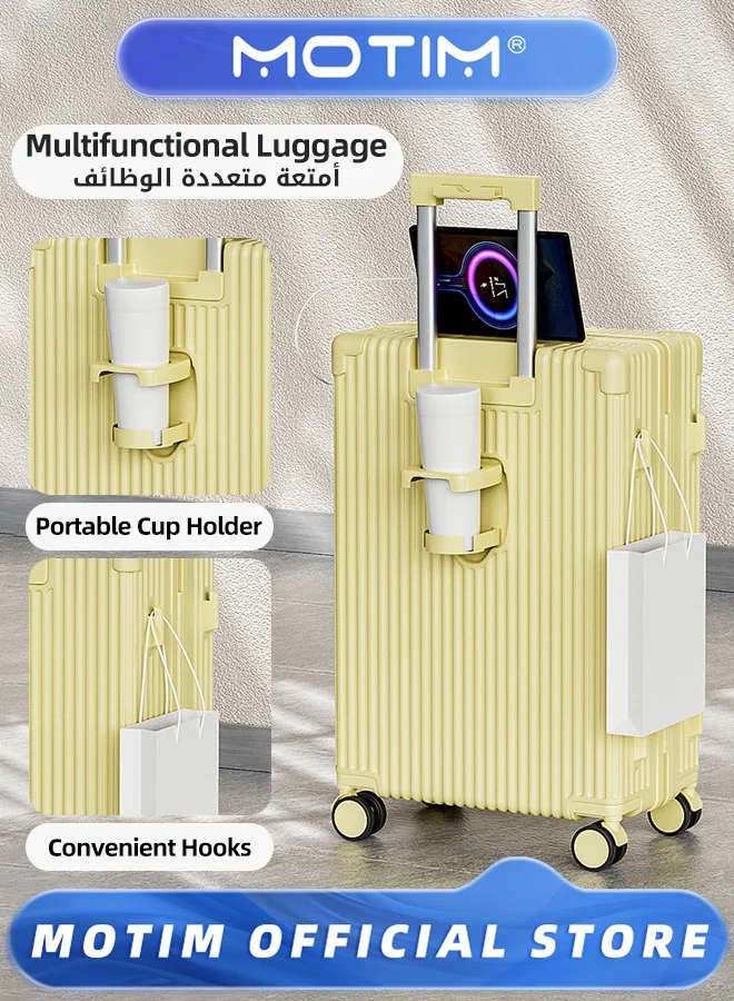 Motim Aluminum Framed Carry-On Luggage with Spinner Wheels, USB & Type-C Charging Ports, Cup Holder, Phone Holder, and Side Hook (Silver, 55 cm) 99avq