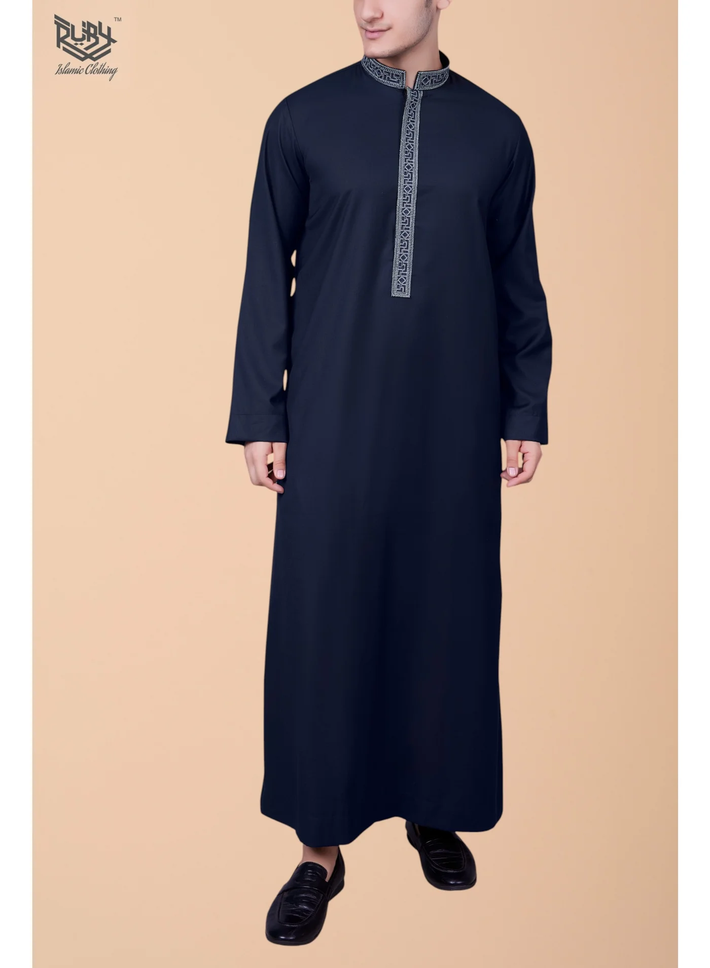 RUBY ISLAMIC CLOTHING Men's Traditional Thobe Jubba Long Sleeve Premium Poly Viscose Kandura for Ramadan (Navy Blue) 7dh1v