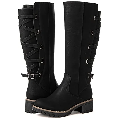 Premium Strappy Motorcycle Knee High Boots Wide Calf Riding Boots for Women (Black, 39 EU) bpzg1