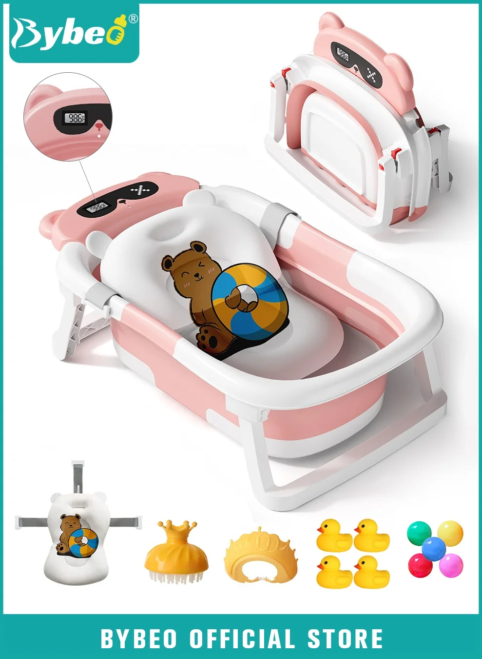 Bybeo Foldable Baby Bathtub Set with Temperature Sensing and Bath Accessories (13 Piece Set) qwp7x