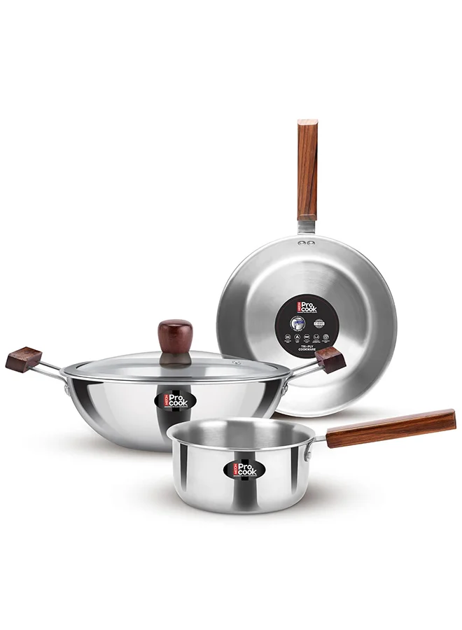 Milton Triply Stainless Steel Cookware Set 4-Piece Professional Kitchen Pots and Pans with Wooden Handles (Silver, 24cm/22cm/16cm) jte69