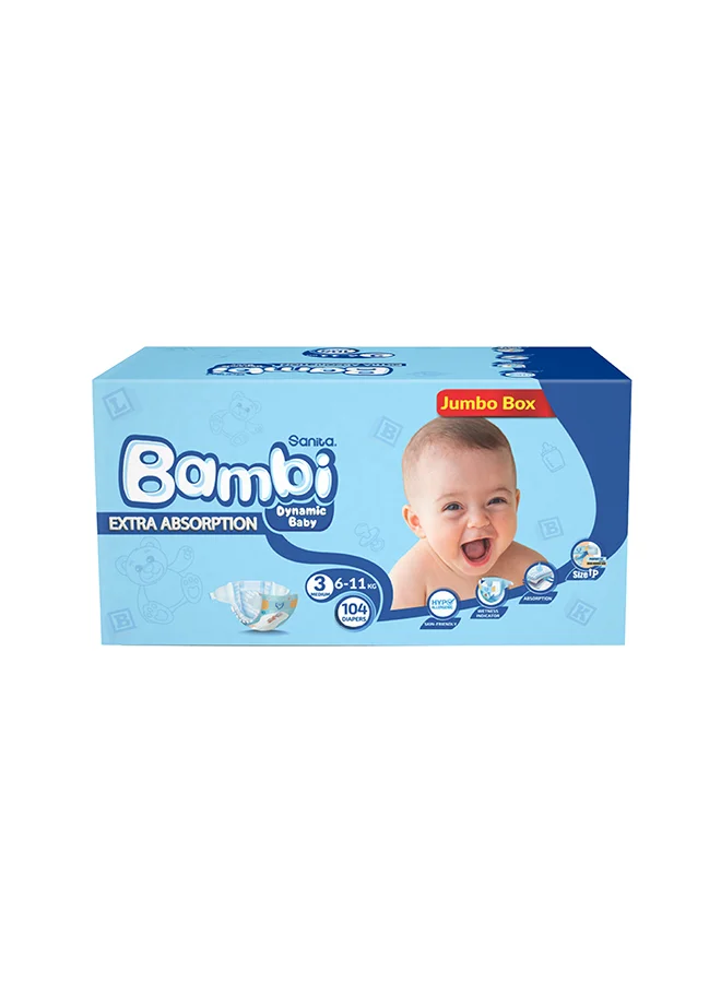 Sanita Bambi Extra Absorption Diapers (Size 3, 104 Count) Premium Comfort for Babies 6-11 kg 3gf54