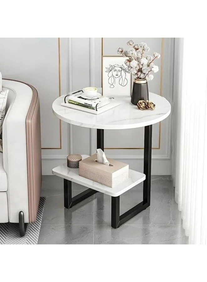 Modern Round Side Table with Metal Frame and Storage Shelves (White and Black, 40x40x60 cm) namnw