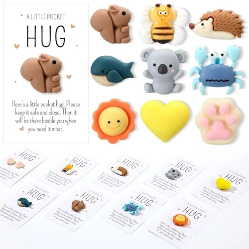 Wonderjune Pocket Hug Resin Animal Figurines with Encouragement Cards (9 Sets, Multi-Color) rrvj4
