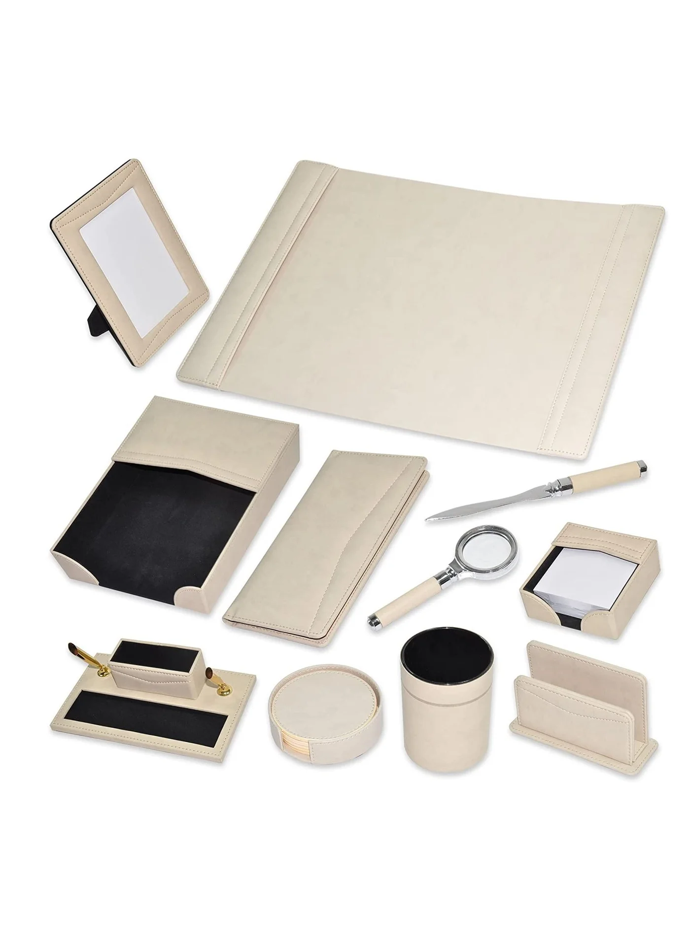 FIS Executive Desk Organizer Set (11-Piece, Italian PU Leather, Cream) Premium Office Stationery Kit 9ushb