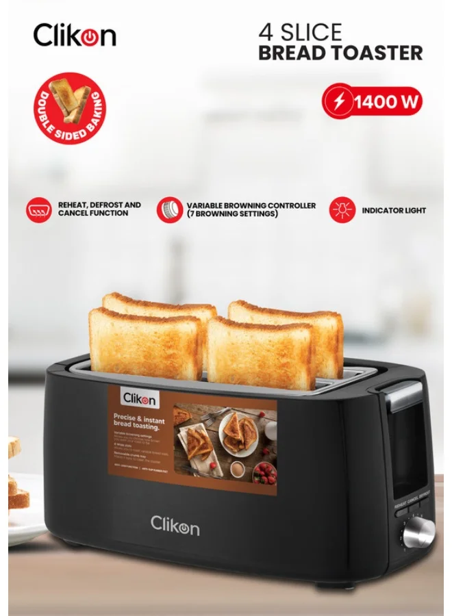 Clikon 4-Slice Cool Touch Bread Toaster Premium Electric Breakfast Appliance (Black, 1200 W) 7byzc