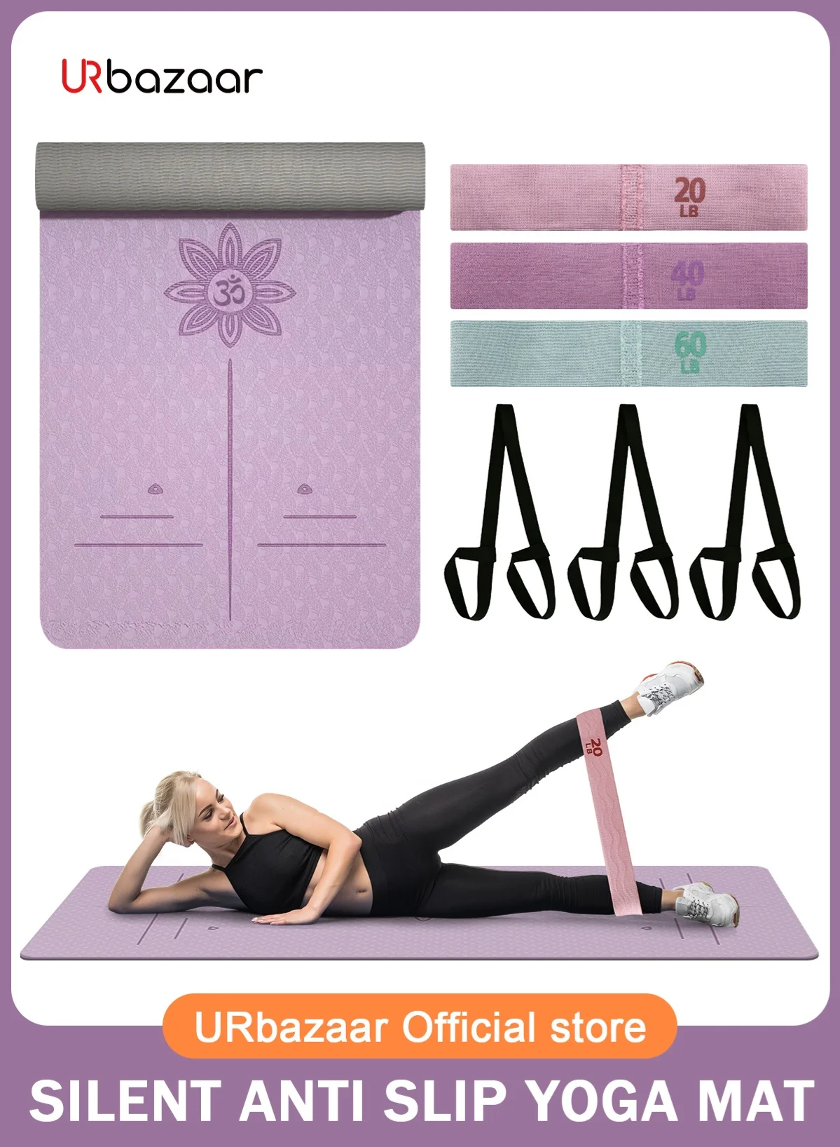 URbazaar Yoga Mat Set with Resistance Band for Pilates and Fitness (Purple, 183 cm x 61 cm) f34im