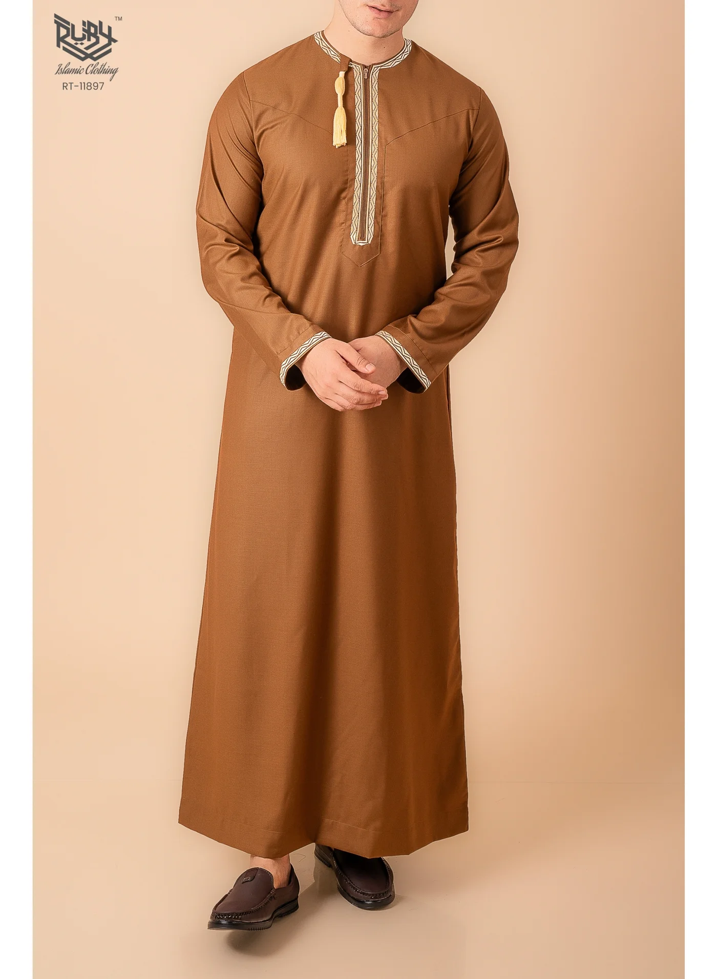 RUBY ISLAMIC CLOTHING Men's Omani Style Dishdasha Thobe (Mocha, Slim Fit) p65ec
