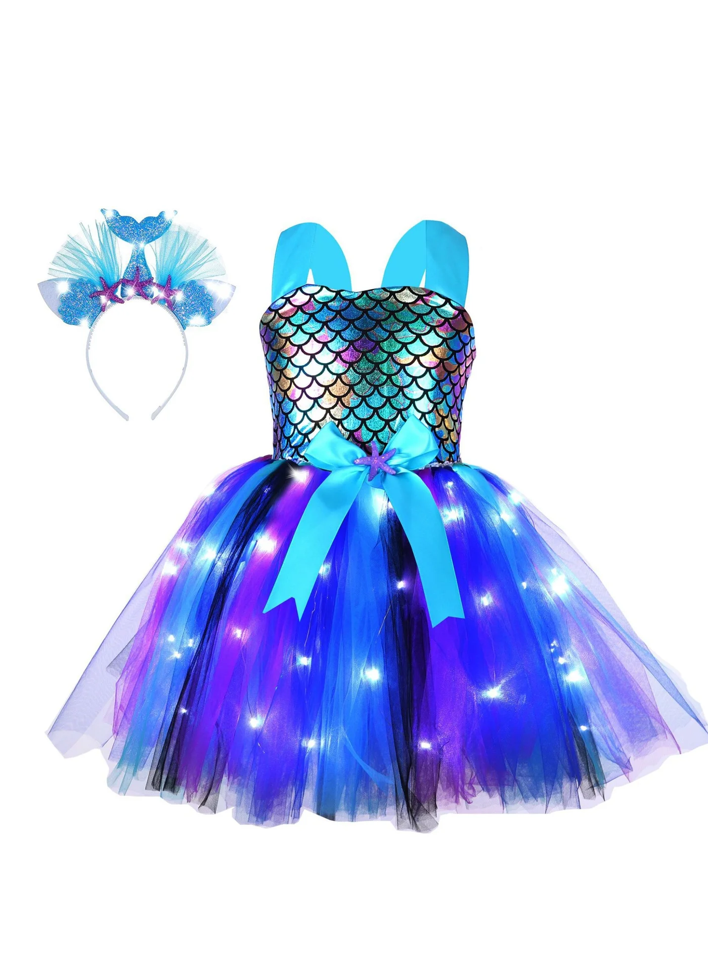 GUDOO Mermaid Princess Dress with LED Lights Premium Costume for Girls (Multicolor, XL) ttw9p