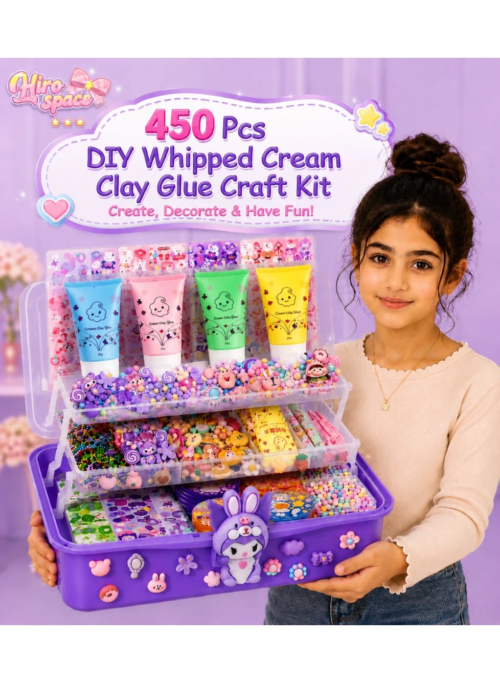 Hirospace DIY Cream Glue Craft Kit with Cartoon Charms and Storage Box (Purple, 450 Pieces) zwop1