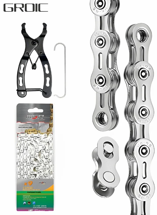 GROIC 9 Speed Bicycle Chain 116 Links Half Hollow Lightweight Chain with Quick-Release Link and Tool for Road Bike MTB BMX otldy