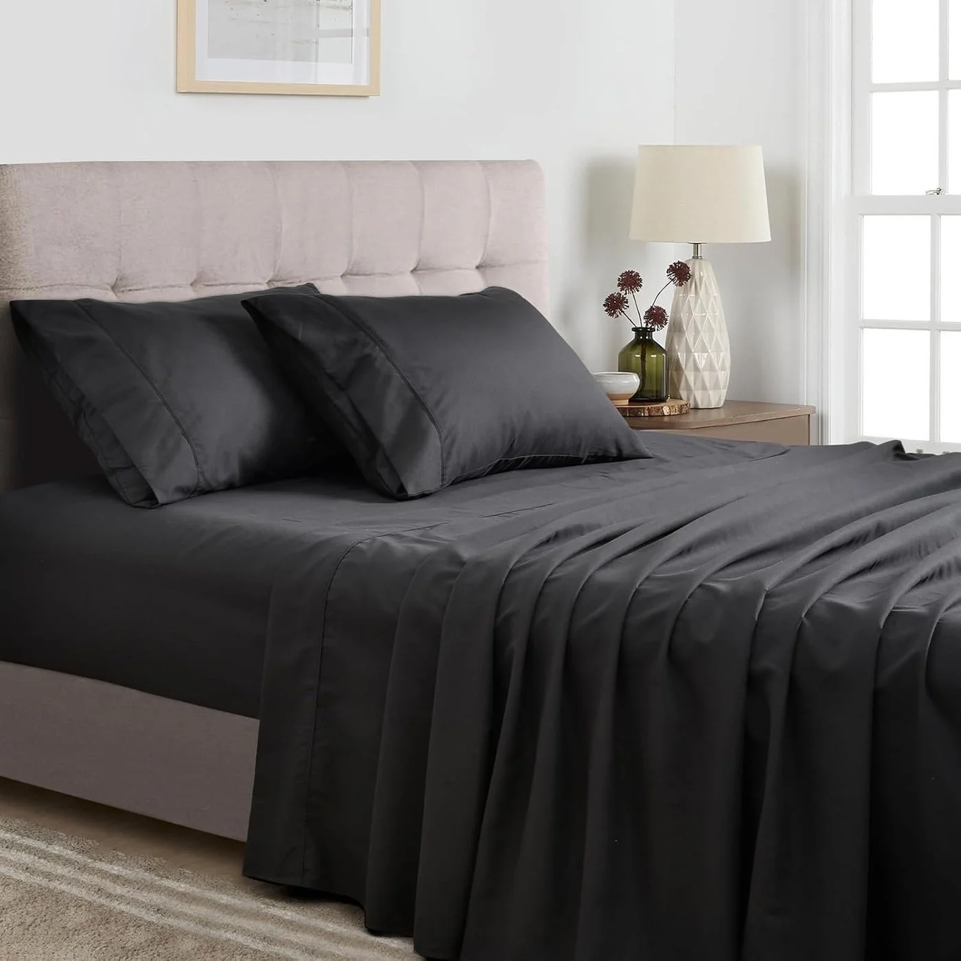 PHF 4-Piece California King Bed Sheet Set (Soft Breathable Polyester, Deep Pocket, Black, 4-Piece Set) vvzou