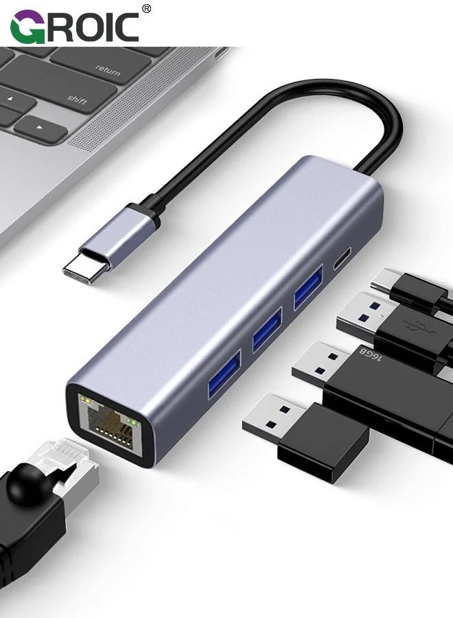 GROIC USB Hub with Ethernet Adapter 4-in-1 Aluminum Alloy Port Expander for PC and Laptop (1x RJ45, 3x USB Ports) kx9w2