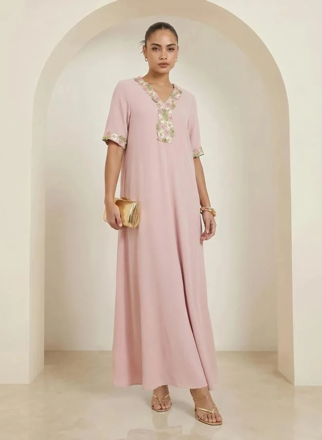 Amirah Pink Floral Lace Trim V Neck Jalabiya Premium Traditional Kaftan For Women mdqwb