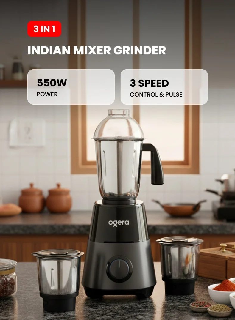 Ogera Kitchen Mixer Grinder (550W, 3-Speed Control, Stainless Steel Jars, Black) 0c0h3