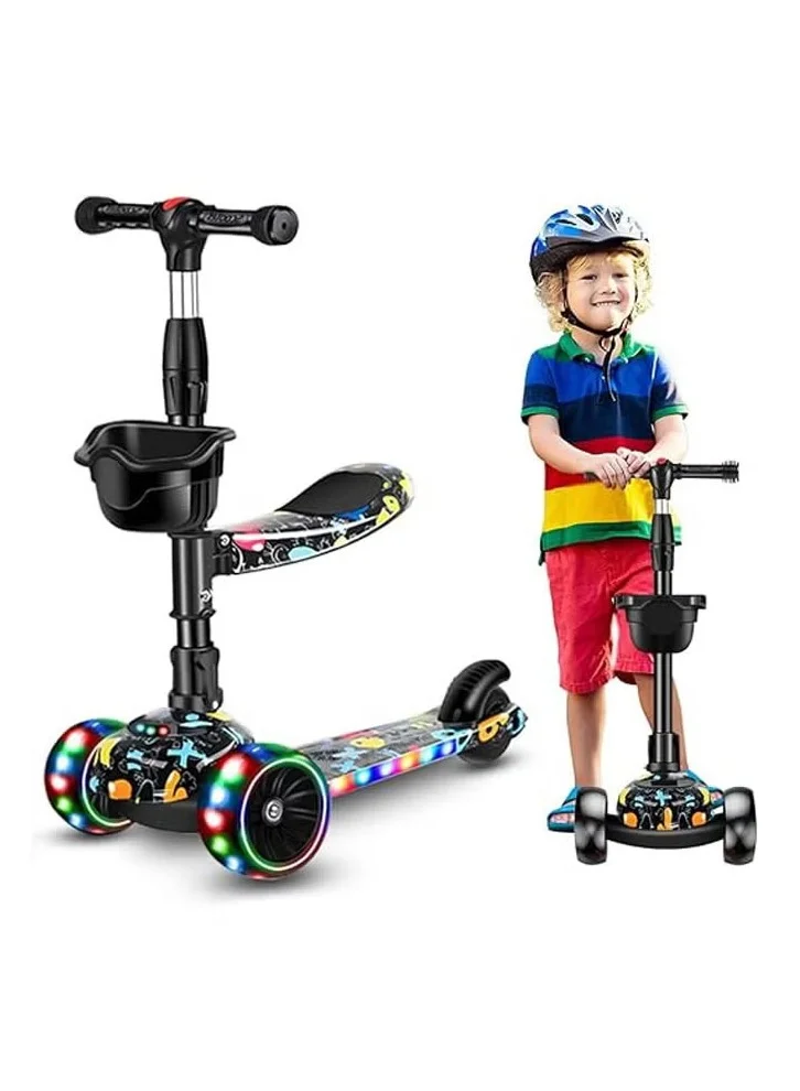 Hihonor Foldable Kick Scooter for Kids with Removable Seat, LED Light-Up Wheels, Music, and 3 Adjustable Height Settings (1-10 Years) xvshw