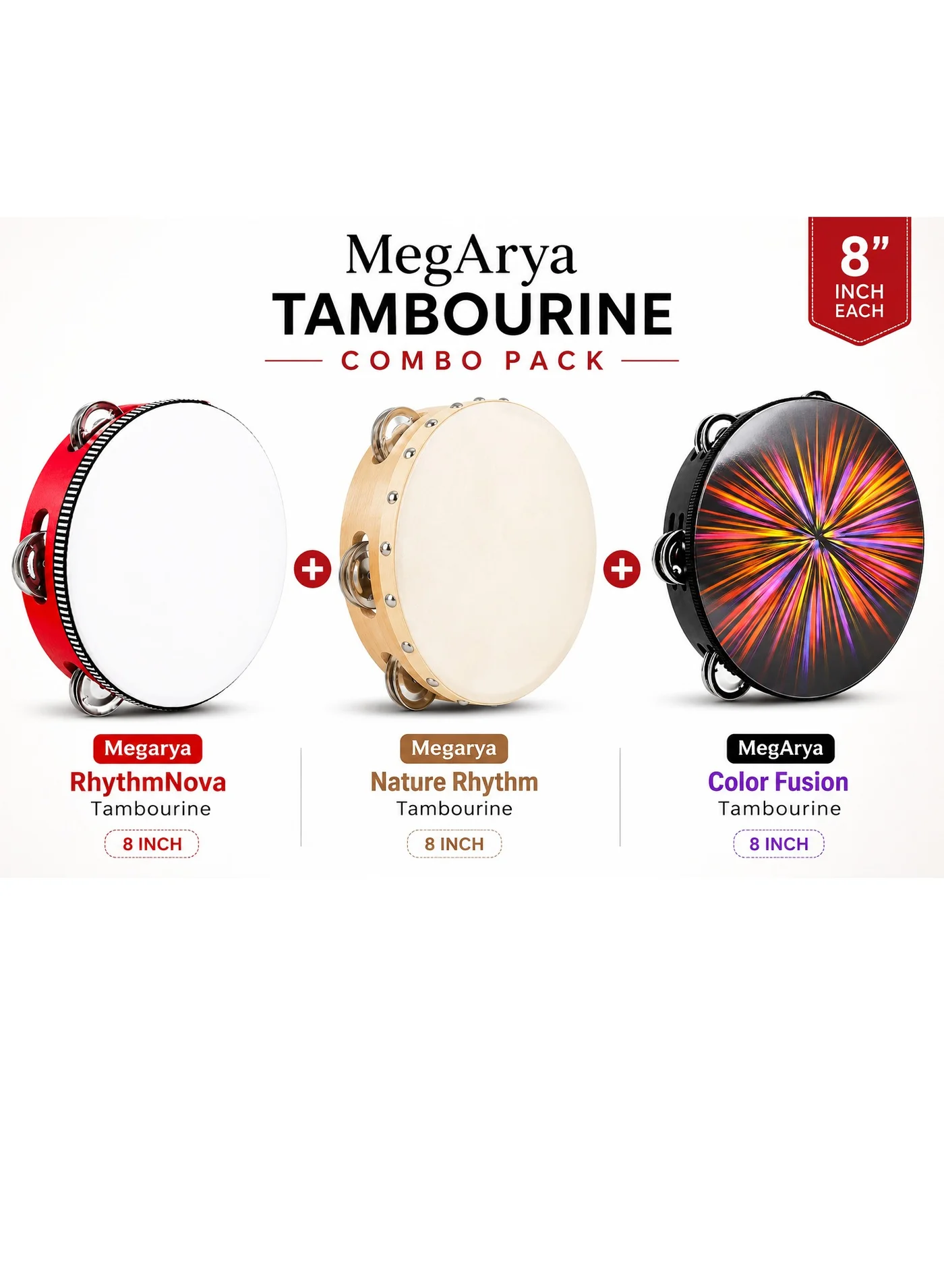 Megarya 8 Inch Tambourine Combo Pack (3-Piece Set) Premium ABS Handheld Percussion Instrument for Music Classes and Performances eqchl