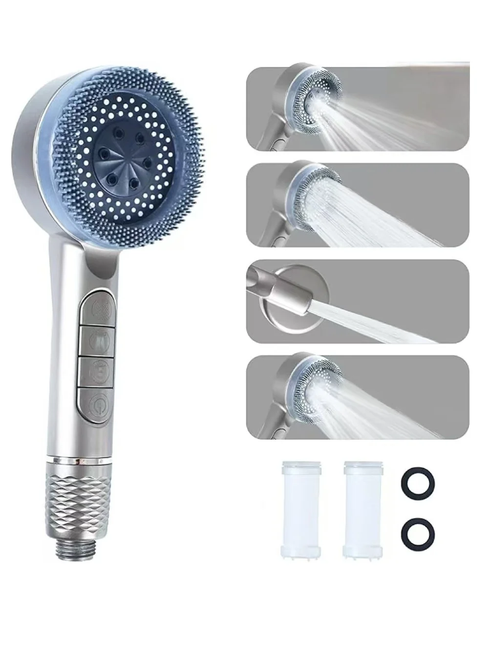 Premium Filtered Handheld Shower Head with Scalp Massager Brush, High Pressure Water Saving Sprayer with 4 Modes (Silver) sxxel