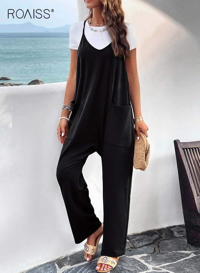 Roaiss Women Chic Slim Fit Suspender Jumpsuit Elegant V-Neck Solid Color Romper (Black, One Size) bpkhb