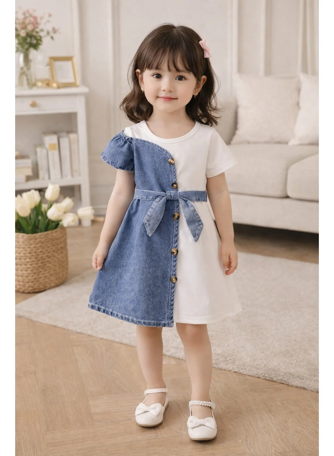 Smarties AE Girls Denim Patchwork Dress One-Shoulder Summer Outfit (Blue, 2-5 Years) 9epg0