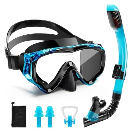 HIKOTEY Snorkeling Set Full Dry Mask and Snorkel Gear Panoramic View Anti-Fog Lens (Blue Black, One Size) zwa1q