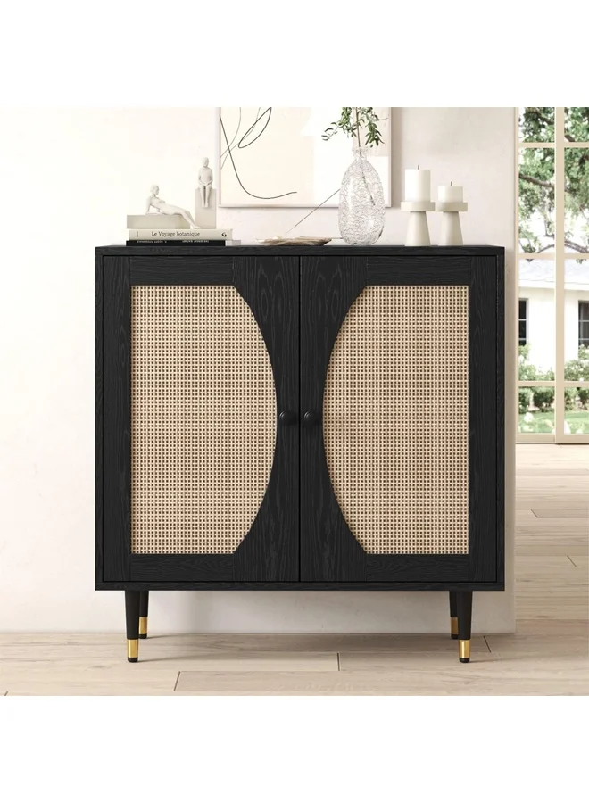 NKX Rattan Sideboard Cabinet with 2 Doors Boho Storage Unit for Living Room and Entryway (Black, 80cm x 40cm x 75cm) sa9mf