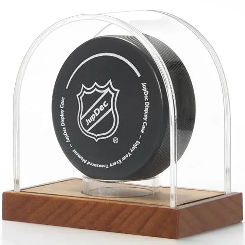 JupDec Hockey Puck Display Case Premium Acrylic Showcase with Mahogany Wood Base (Clear, 8cm x 8cm x 8cm) 68x1w