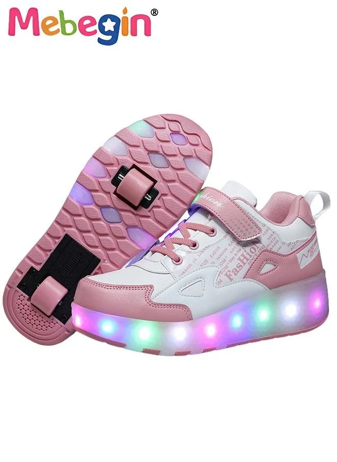 MEBEGIN Retractable Roller Shoes with LED Lights Premium PU Leather Skate Sneakers for Kids (Pink, Size 30) k3cge