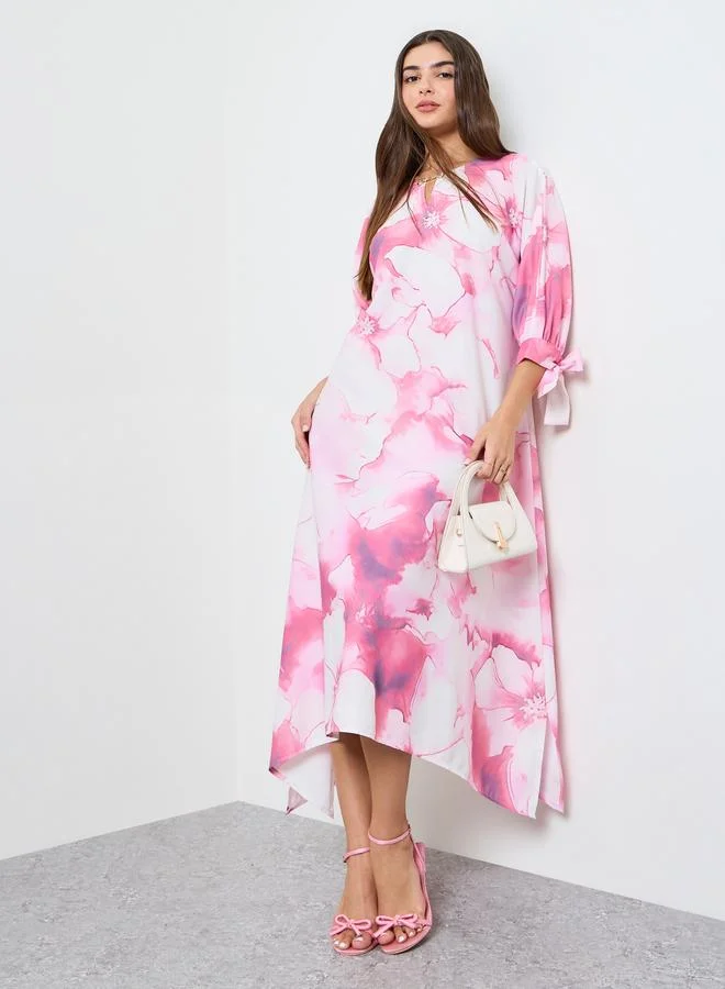 Styli Pink Placement Print Kaftan Midi Dress with 3/4 Sleeves (Women, One Size) ulh9x