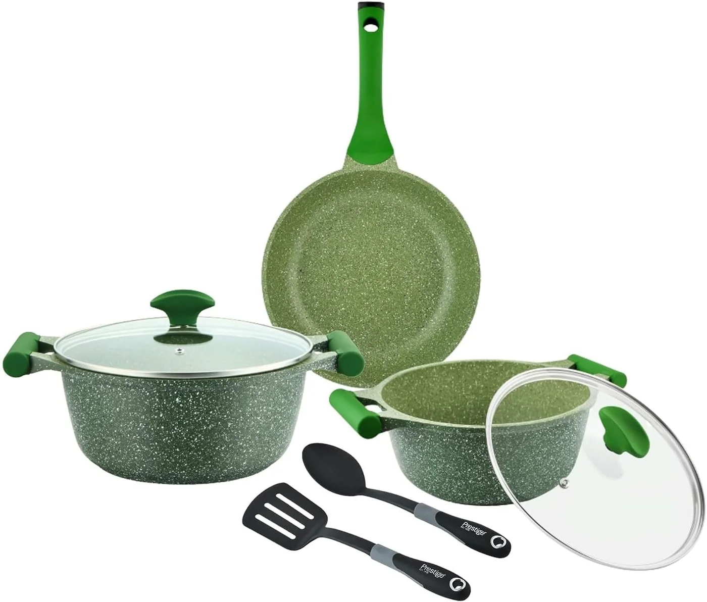 Premium Granite Non-Stick Cast Aluminium Cookware Set (7-Piece, Green) Induction Compatible Pots and Pans for Home Kitchen qxltj