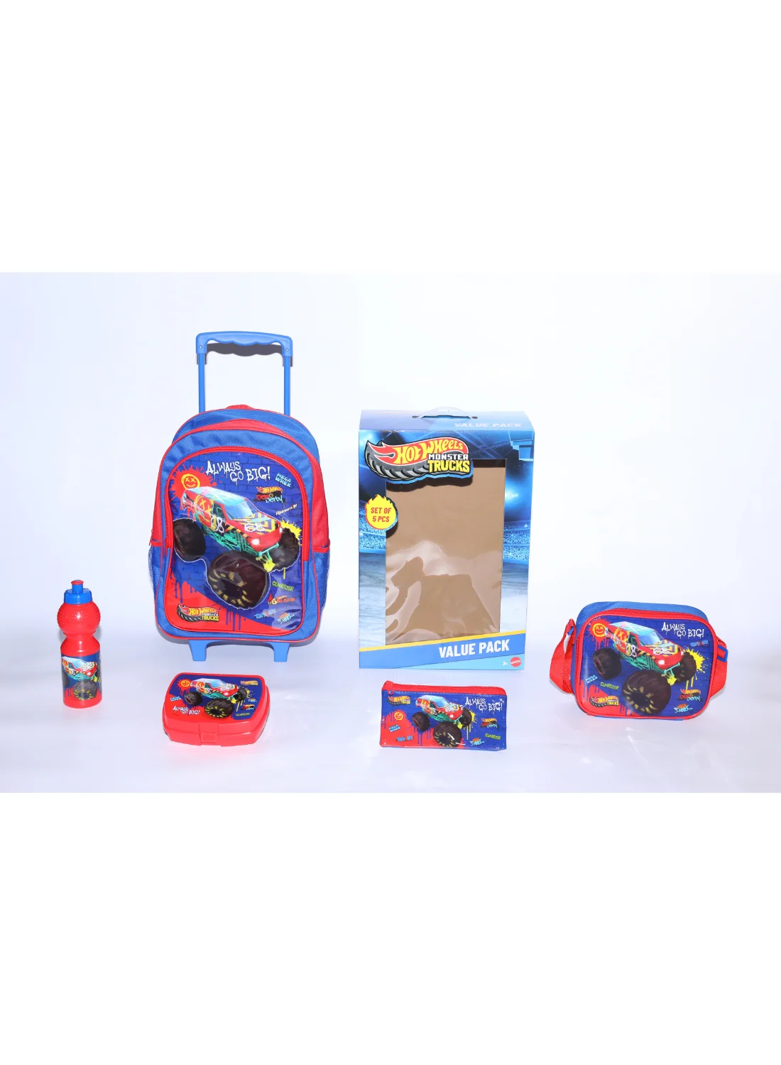 Premium Die-Cast Car 5-in-1 School Trolley Bag Set with Lunch Box and Accessories (16-inch) e4s1w