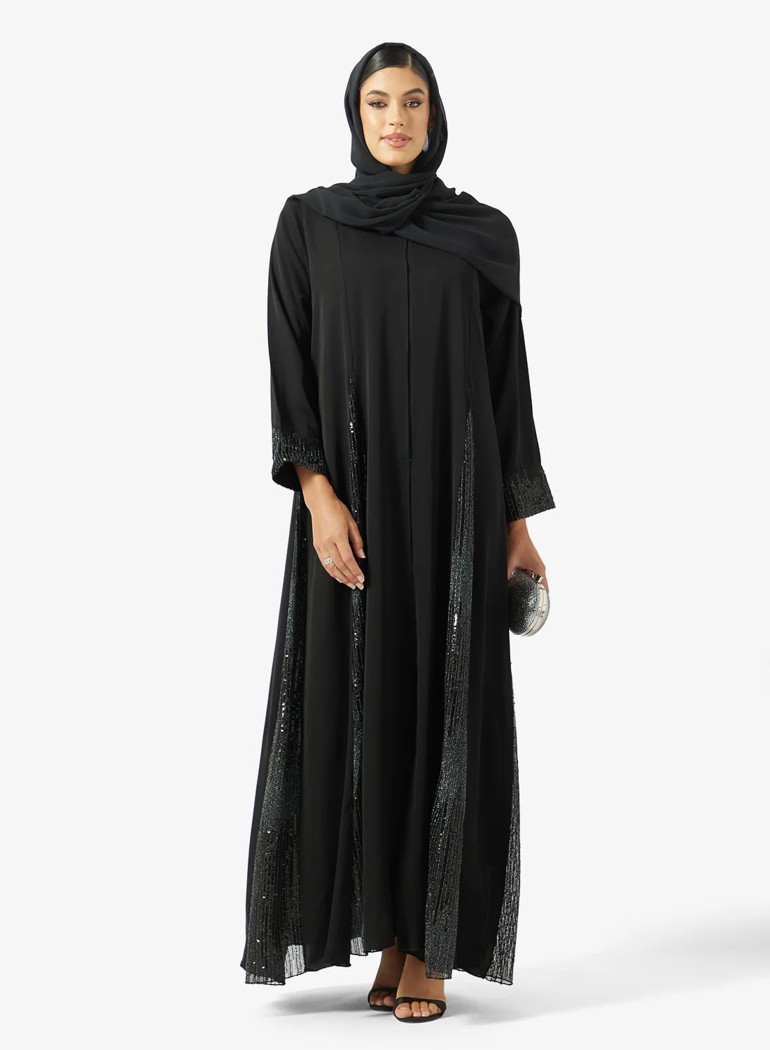 Khizana Abaya With Shimmer Hem & Sheila (Elegant Evening Wear, Black, One Size) gtp7p