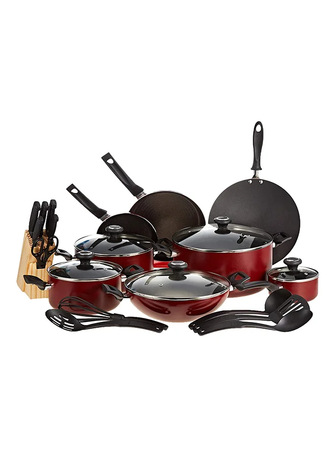 Premium 25-Piece Non-Stick Aluminium Kitchen Cookware Set with Ergonomic Handles and Glass Lids (Red, 25-Piece) 38ru7
