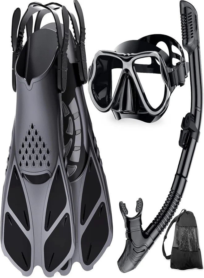 VBM Snorkeling Gear Set with Panoramic Mask Dry Top Snorkel and Adjustable Swim Fins (Black, Adult) l5h7n