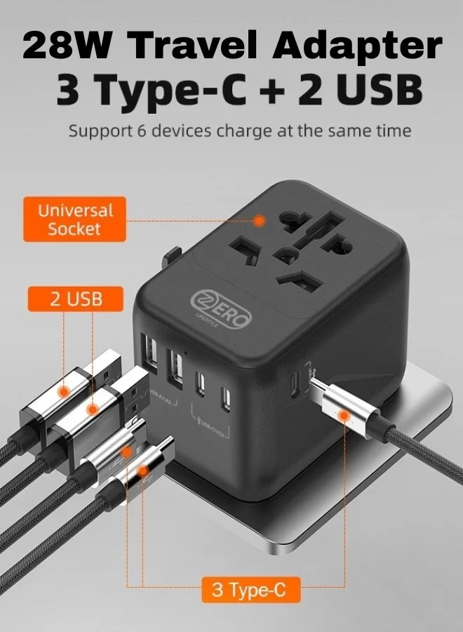 ZERO LIFESTYLE 28W Universal Travel Adapter with 5 Ports (2 USB-A and 3 USB-C) International Power Socket Charger for EU UK USA AU qam97