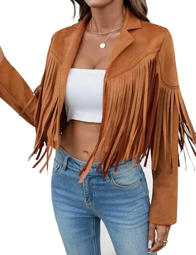 Premium Faux Suede Fringe Jacket for Women Long Sleeve Motorcycle Cropped Coat with Lining (Tan, M) g3u2c